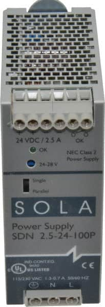 Sola/Hevi-Duty - 60 Watt, 2.50 Amp, 230 VAC Input, 24 VDC Output, DIN Rail Power Supply - 1.97 Inch Wide x 4.55 Inch Deep x 4.88 Inch High, Up to 87.5% Efficiency, 14 to 140°F, Green LED - Benchmark Tooling