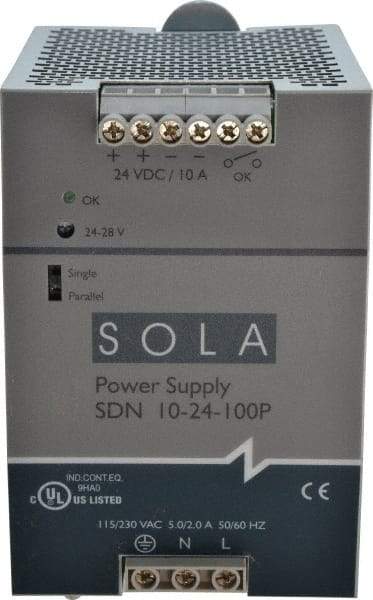 Sola/Hevi-Duty - 240 Watt, 10 Amp, 230 VAC Input, 24 VDC Output, DIN Rail Power Supply - 3.26 Inch Wide x 4.55 Inch Deep x 4.88 Inch High, Up to 88% Efficiency, 14 to 140°F, Green LED - Benchmark Tooling