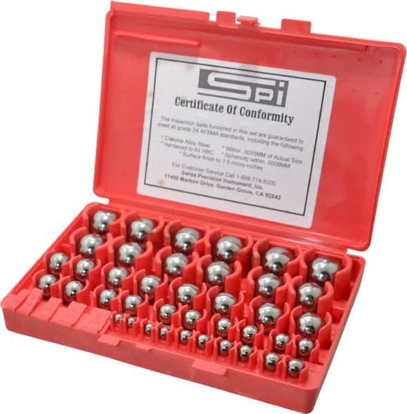 SPI - 1 to 25mm Diameter, Chrome Steel, Gage Ball Set - 0.0001 Inch Tolerance, Grade 24 Accuracy, 25 Pairs - Benchmark Tooling