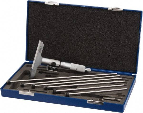 Fowler - 0 to 6" Range, 6 Rod, Satin Chrome Finish Mechanical Depth Micrometer - Ratchet Stop Thimble, 4" Base Length, 0.001" Graduation, 0.176" Rod Diam - Benchmark Tooling