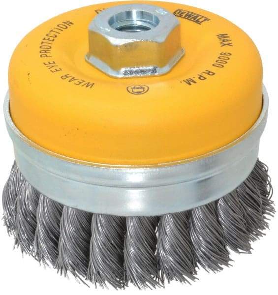 DeWALT - 4" Diam, 5/8-11 Threaded Arbor, Steel Fill Cup Brush - 0.023 Wire Diam, 9,000 Max RPM - Benchmark Tooling