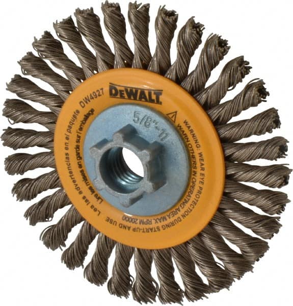 DeWALT - 4" OD, 5/8-11 Arbor Hole, Knotted Stainless Steel Wheel Brush - 0.02" Filament Diam, 20,000 RPM - Benchmark Tooling