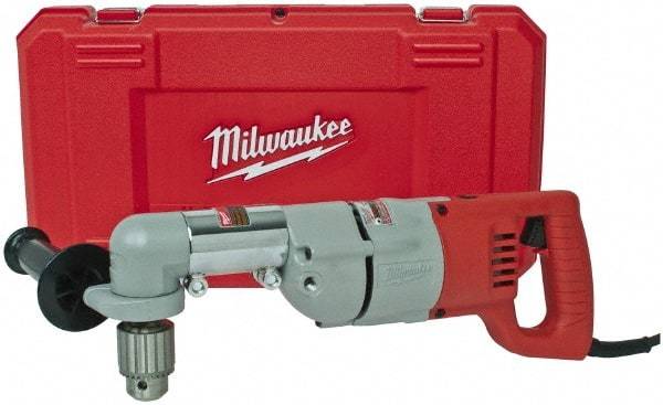 Milwaukee Tool - 1/2" Keyed Chuck, 600 RPM, D-Handle Electric Drill - 7 Amps, 120 Volts, Reversible, Includes 3/16" Socket Wrench, 9/16" Open End Wrench, RAD Assembly, Side Handle - Benchmark Tooling