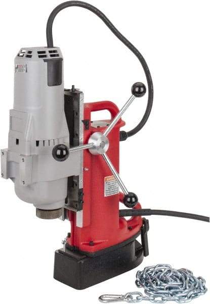 Milwaukee Tool - 1-1/4" Chuck, 11" Travel, Portable Electromagnetic Drill Press - 375 & 750 RPM, 12.5 Amps, 120 Volts, 9' Cord Length - Benchmark Tooling