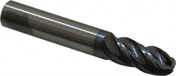 SGS - 3/8" Diam, 7/8" LOC, 4 Flute Solid Carbide Ball End Mill - AlTiN Finish, Single End, 2-1/2" OAL, 3/8" Shank Diam, Spiral Flute - Benchmark Tooling