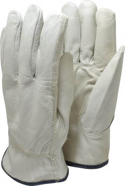 MCR Safety - Size XL (10) Grain Cowhide General Protection Work Gloves - For Work & Driver, Uncoated, Slip-On Cuff, Full Fingered, Cream/Blue, Paired - Benchmark Tooling