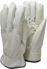MCR Safety - Size XL (10) Grain Cowhide General Protection Work Gloves - For Work & Driver, Uncoated, Slip-On Cuff, Full Fingered, Cream/Blue, Paired - Benchmark Tooling