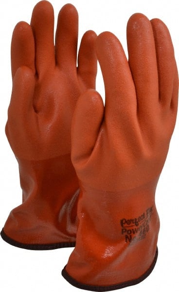 Chemical Resistant Gloves: Medium, 1.1 mm Thick, Polyvinylchloride-Coated, Polyvinylchloride, Unsupported Orange, 12'' OAL, Rough, ANSI Cut A2, ANSI Abrasion 4, ANSI Puncture 2