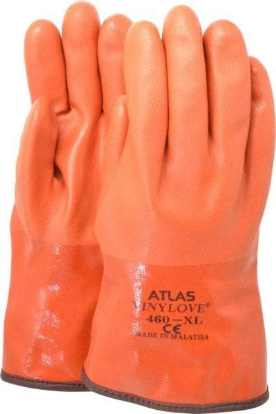 SHOWA - Size XL (10), 12" Long, PVC Chemical Resistant Gloves - Textured Finish, Cotton Blend Lined, Gauntlet Cuff, ANSI Abrasion Level 4, ANSI Cut Level 2, ANSI Puncture Level 2, Orange - Benchmark Tooling