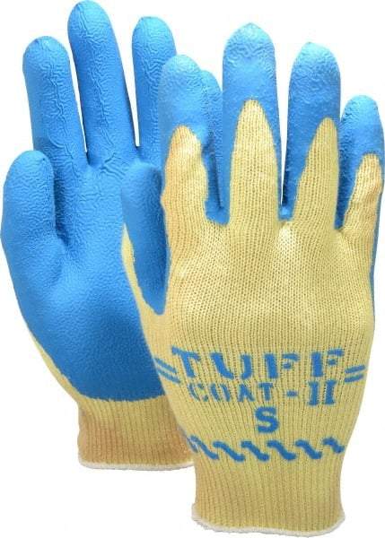 SHOWA - Size S (7), ANSI Cut Lvl 3, Abrasion Lvl 4, Rubber Coated Cut Resistant Gloves - Palm & Fingers Coated, Kevlar Lining, Knit Wrist, Yellow/Blue, Paired - Benchmark Tooling