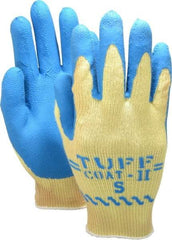 SHOWA - Size S (7), ANSI Cut Lvl 3, Abrasion Lvl 4, Rubber Coated Cut Resistant Gloves - Palm & Fingers Coated, Kevlar Lining, Knit Wrist, Yellow/Blue, Paired - Benchmark Tooling