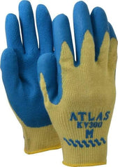 SHOWA - Size M (8), ANSI Cut Lvl 3, Abrasion Lvl 4, Rubber Coated Cut Resistant Gloves - Palm & Fingers Coated, Kevlar Lining, Knit Wrist, Yellow/Blue, Paired - Benchmark Tooling