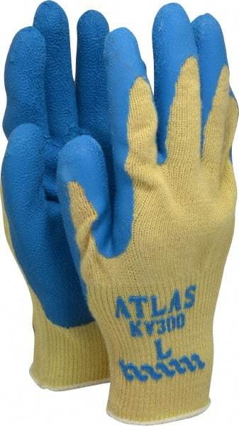 SHOWA - Size L (9), ANSI Cut Lvl 3, Abrasion Lvl 4, Rubber Coated Cut Resistant Gloves - Palm & Fingers Coated, Kevlar Lining, Knit Wrist, Yellow/Blue, Paired - Benchmark Tooling