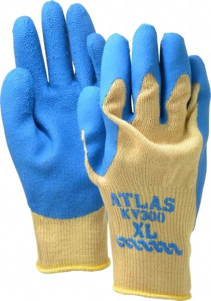 SHOWA - Size XL (10), ANSI Cut Lvl 3, Abrasion Lvl 4, Rubber Coated Cut Resistant Gloves - Palm & Fingers Coated, Kevlar Lining, Knit Wrist, Yellow/Blue, Paired - Benchmark Tooling