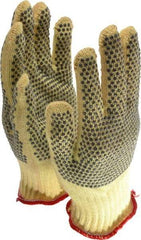 Honeywell - Size S (7), ANSI Cut Lvl 1, Abrasion Lvl 3, PVC Coated Cut Resistant Gloves - Fully Coated Coated, Kevlar Lining, Knit Wrist, Yellow/Brown, Paired - Benchmark Tooling