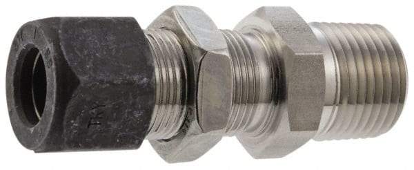 Parker - 3/8" OD, Stainless Steel Bulkhead Connector - 3/4" Hex, Comp x MNPT Ends - Benchmark Tooling