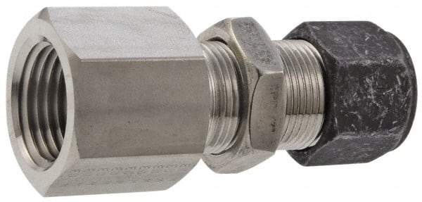 Parker - 1/2" OD, Stainless Steel Bulkhead Female Connector - 1-1/16" Hex, Comp x FNPT Ends - Benchmark Tooling