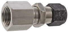 Parker - 1/8" OD, Stainless Steel Bulkhead Female Connector - 9/16" Hex, Comp x FNPT Ends - Benchmark Tooling