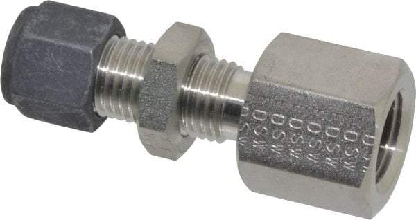 Parker - 1/4" OD, Stainless Steel Bulkhead Female Connector - 3/4" Hex, Comp x FNPT Ends - Benchmark Tooling