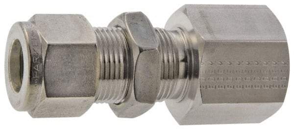 Parker - 1/8" OD, Stainless Steel Bulkhead Female Connector - -425 to 1,200°F, 9/16" Hex, Comp x FNPT Ends - Benchmark Tooling