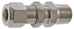 Parker - 1/8" OD, Stainless Steel Bulkhead Connector - -425 to 1,200°F, 1/2" Hex, Comp x MNPT Ends - Benchmark Tooling