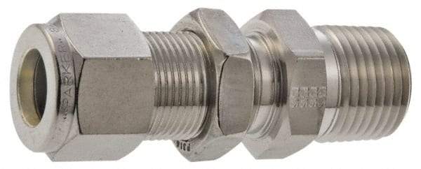 Parker - 1/4" OD, Stainless Steel Bulkhead Connector - -425 to 1,200°F, 11/16" Hex, Comp x MNPT Ends - Benchmark Tooling