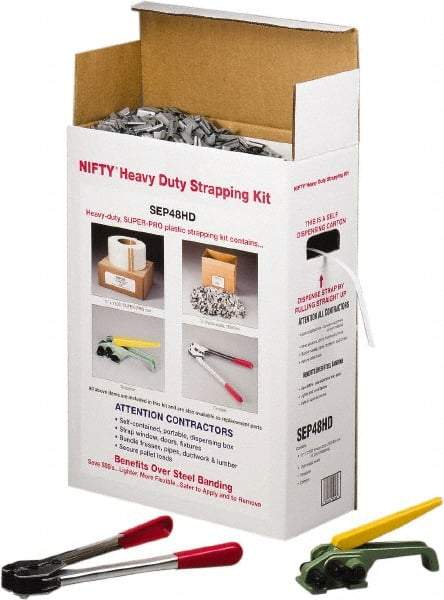 Nifty Products - Strapping Kits Type: Heavy-Duty Polypropylene Strapping Kit Contents: Coil; Tensioner; Crimper; Metal Seals - Benchmark Tooling