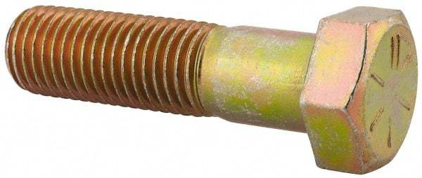 Made in USA - 1-8 UNC, 3-3/4" Length Under Head Hex Head Cap Screw - Partially Threaded, Grade 8 Alloy Steel, Zinc Yellow Dichromate Finish, 1-1/2" Hex - Benchmark Tooling