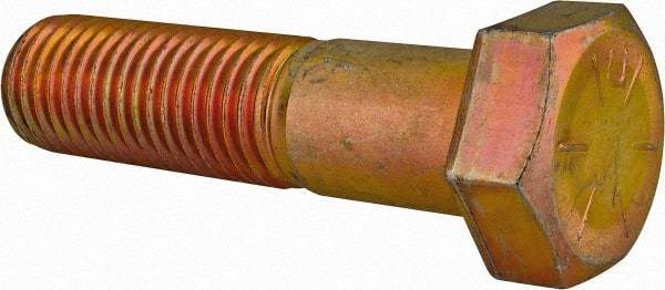 Made in USA - 1-1/8 - 7 UNC, 4-1/2" Length Under Head Hex Head Cap Screw - Partially Threaded, Grade 8 Alloy Steel, Zinc Yellow Dichromate Finish, 1-11/16" Hex - Benchmark Tooling