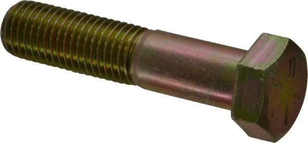 Made in USA - 7/8-9 UNC, 4" Length Under Head Hex Head Cap Screw - Partially Threaded, Grade 8 Alloy Steel, Zinc Yellow Dichromate Finish, 1-5/16" Hex - Benchmark Tooling