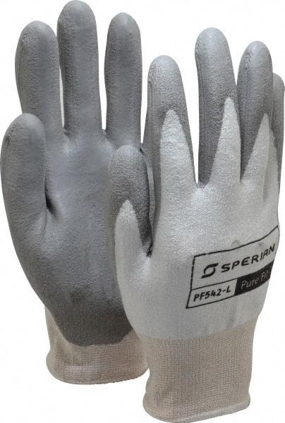 Honeywell - Size L (9), Polyurethane Coated HPPE Fiber Cut Resistant Gloves - Palm & Fingers Coated, Knit Wrist, White/Gray, Paired - Benchmark Tooling