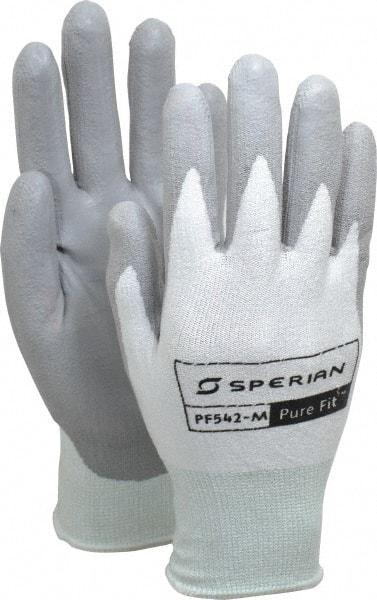 Honeywell - Size M (8), Polyurethane Coated HPPE Fiber Cut Resistant Gloves - Palm & Fingers Coated, Knit Wrist, White/Gray, Paired - Benchmark Tooling