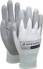 Honeywell - Size M (8), Polyurethane Coated HPPE Fiber Cut Resistant Gloves - Palm & Fingers Coated, Knit Wrist, White/Gray, Paired - Benchmark Tooling