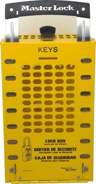 Master Lock - 3-1/2" Deep x 6-3/8" Wide x 12-3/4" High, Portable & Wall Mount Group Lockout Box - Yellow, 14 Padlocks - Benchmark Tooling