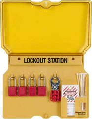 Master Lock - 7 Piece, Equipped Polycarbonate Padlock Station - 16 Inch Wide x 12-1/4 Inch High x 1-3/4 Inch Deep, Black on Yellow, Covered - Benchmark Tooling