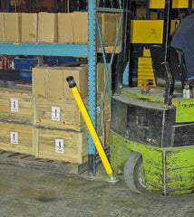 Vestil - 2-1/2" Diam x 42" High, Yellow Steel Spring Bollard - 6" Wide x 6" Long Mounting Plate, 32 Lb - Benchmark Tooling