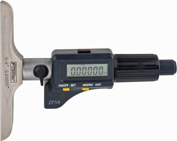 Fowler - 0 to 150mm Range, 4" Base Length, 6 Rods, Friction Thimble, Electronic Depth Micrometer - IP54, 0.00005" Resolution, 0.176" Rod Diam, 357 Battery, Data Output - Benchmark Tooling