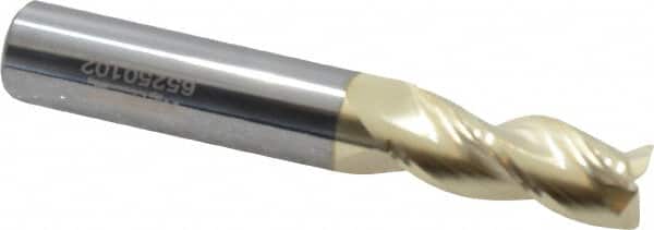 Accupro - 13/32", 1" LOC, 7/16" Shank Diam, 2-3/4" OAL, 3 Flute, Solid Carbide Square End Mill - Single End, ZrN Finish, Spiral Flute, 37° Helix, Centercutting, Right Hand Cut, Right Hand Flute - Benchmark Tooling