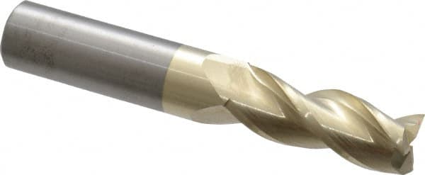 Accupro - 15/32", 1-1/4" LOC, 1/2" Shank Diam, 3" OAL, 3 Flute, Solid Carbide Square End Mill - Single End, ZrN Finish, Spiral Flute, 37° Helix, Centercutting, Right Hand Cut, Right Hand Flute - Benchmark Tooling