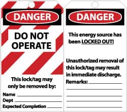 NMC - 3" High x 6" Long, DANGER - DO NOT OPERATE - THIS LOCK/TAG MAY ONLY BE REMOVED BY: NAME___ DEPT___ EXPECTED COMPLETION___, English Safety & Facility Lockout Tag - Tag Header: Danger, 2 Sides, Black, Red & White Unrippable Vinyl - Benchmark Tooling