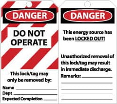 NMC - 3" High x 6" Long, DANGER - DO NOT OPERATE - THIS LOCK/TAG MAY ONLY BE REMOVED BY: NAME___ DEPT___ EXPECTED COMPLETION___, English Safety & Facility Lockout Tag - Tag Header: Danger, 2 Sides, Black, Red & White Unrippable Vinyl - Benchmark Tooling