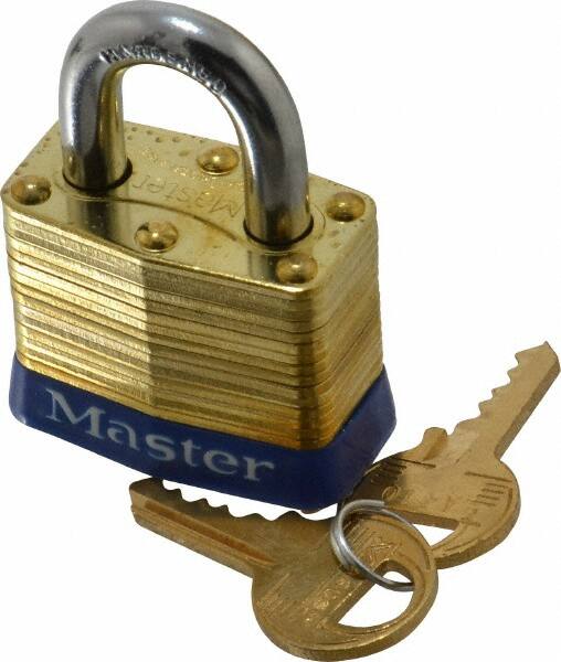 Master Lock - 3/4" Shackle Clearance, Keyed Different Laminated Brass Padlock - 9/32" Shackle Diam, Brass - Benchmark Tooling