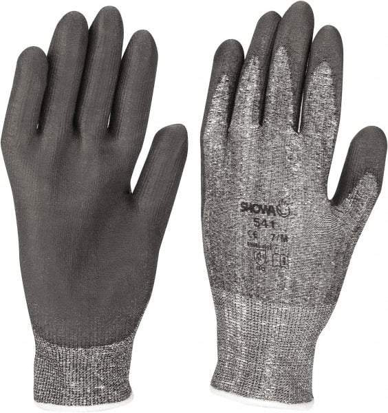 SHOWA - Size M (8), ANSI Cut Lvl 2, Puncture Lvl 2, Abrasion Lvl 6, Polyurethane Coated Cut Resistant Gloves - Palm & Fingers Coated, HPPE Lining, Knit Wrist, Gray/Gray, Paired - Benchmark Tooling