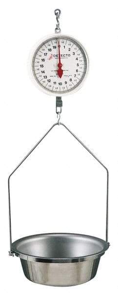 Detecto - 20 Lb. Capacity, 8 Inch Dial Hanging Scale with Stainless Steel Round Pan - 10 Lbs. Graduation, 2 Revolutions - Benchmark Tooling