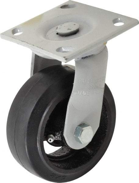 Fairbanks - 5" Diam x 2" Wide, Mold-On Rubber Swivel Caster - 675 Lb Capacity, Top Plate Mount, 4" x 4-1/2" Plate, Delrin Bearing - Benchmark Tooling