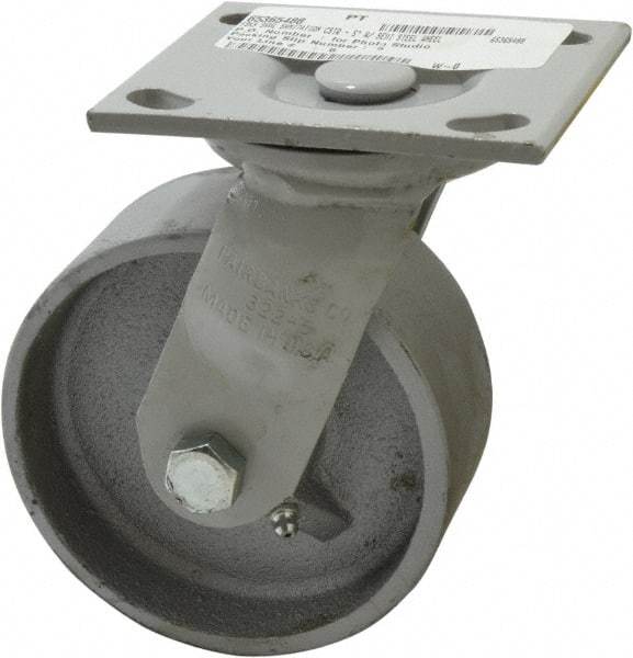 Fairbanks - 5" Diam x 2" Wide, Semi-Steel Swivel Caster - 1,000 Lb Capacity, Top Plate Mount, 4" x 4-1/2" Plate, Plain Bearing - Benchmark Tooling