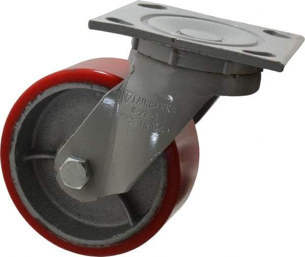 Fairbanks - 5" Diam x 2" Wide x 6-1/2" OAH Top Plate Mount Swivel Caster - Polyurethane, 700 Lb Capacity, Roller Bearing, 4 x 4-1/2" Plate - Benchmark Tooling