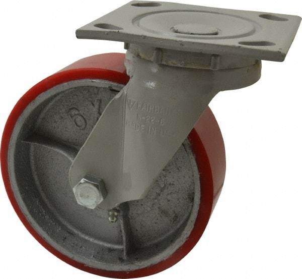 Fairbanks - 6" Diam x 2" Wide x 7-1/4" OAH Top Plate Mount Swivel Caster - Polyurethane, 1,000 Lb Capacity, Roller Bearing, 4 x 4-1/2" Plate - Benchmark Tooling