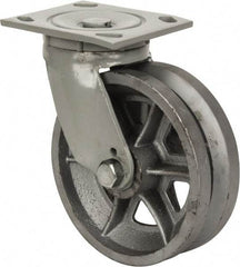 Fairbanks - 6" Diam x 2" Wide, V Groove Metal Swivel Caster - 1,200 Lb Capacity, Top Plate Mount, 4" x 4-1/2" Plate, Roller Bearing - Benchmark Tooling