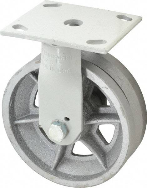 Fairbanks - 6" Diam x 2" Wide, V Groove Metal Rigid Caster - 1,200 Lb Capacity, Top Plate Mount, 4" x 4-1/2" Plate, Roller Bearing - Benchmark Tooling